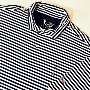 FG Tech Golf Polo Mens XL White/Blue Striped Performance Short Sleeve USA‎ Made